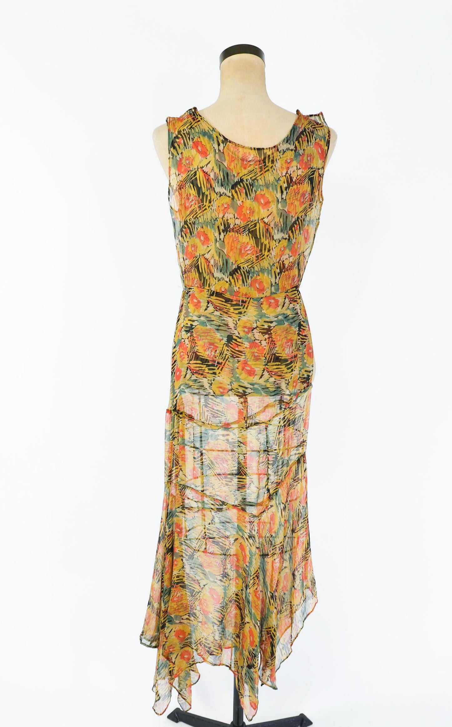 1930s Floral Print Silk Chiffon Dress with Asymmetrical Hem, Extra Small