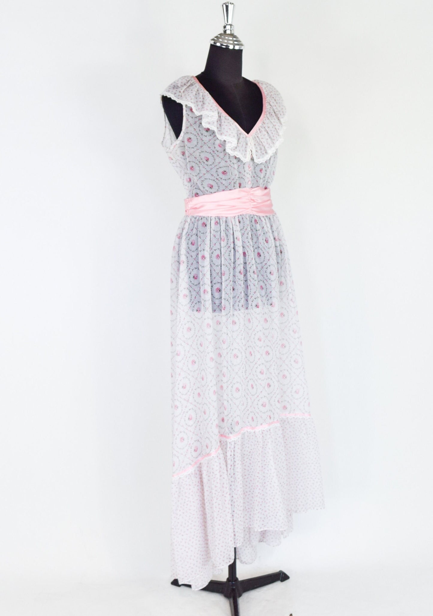 1970s White Pink Floral Print Maxi Dress, Small