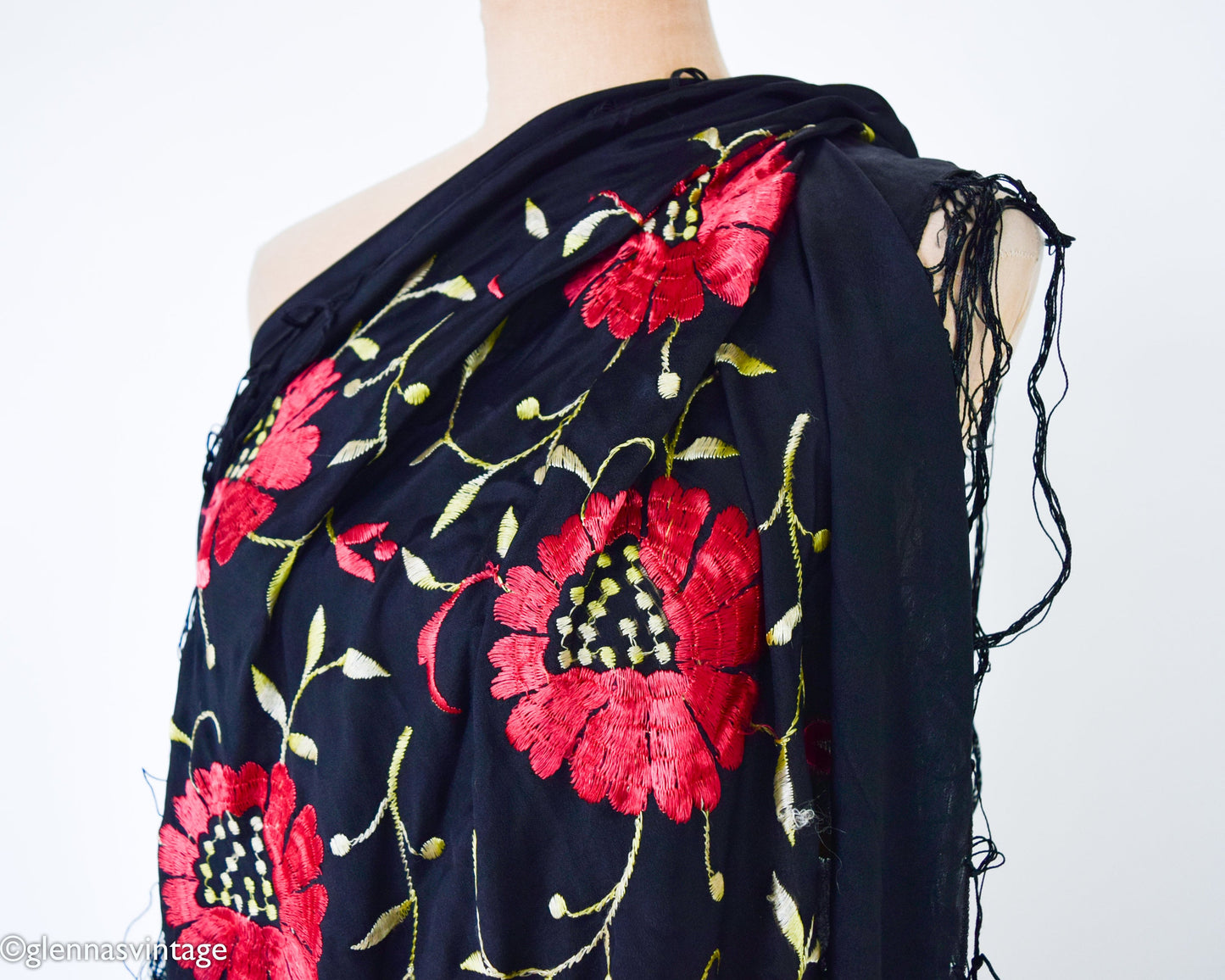 1910s Black & Red Embroidered Silk Piano Shawl Scarf