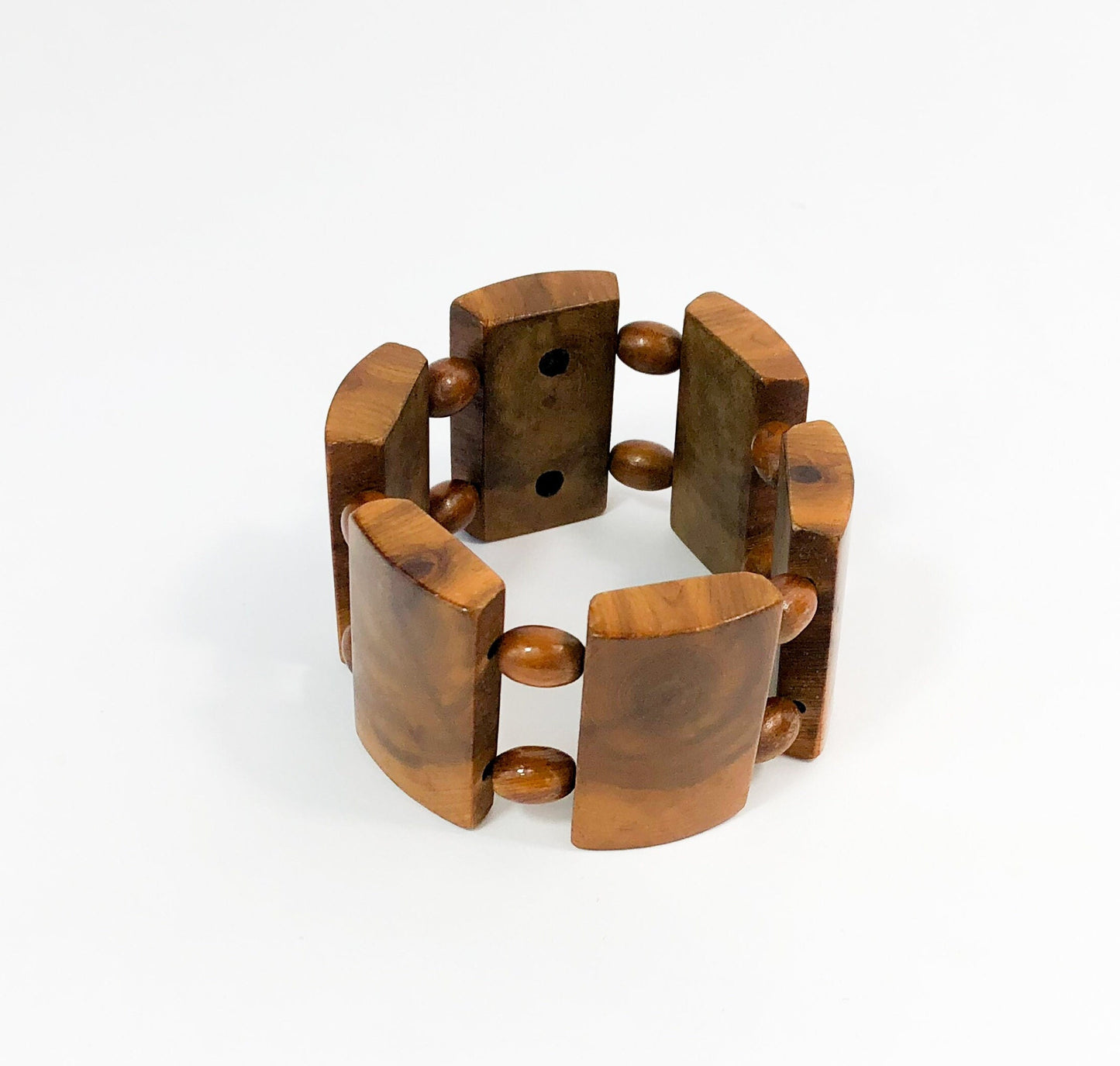 1950s Wood Link Bracelet | 50s Wooden Rectangles Bracelet | Wood Expansion Bracelet