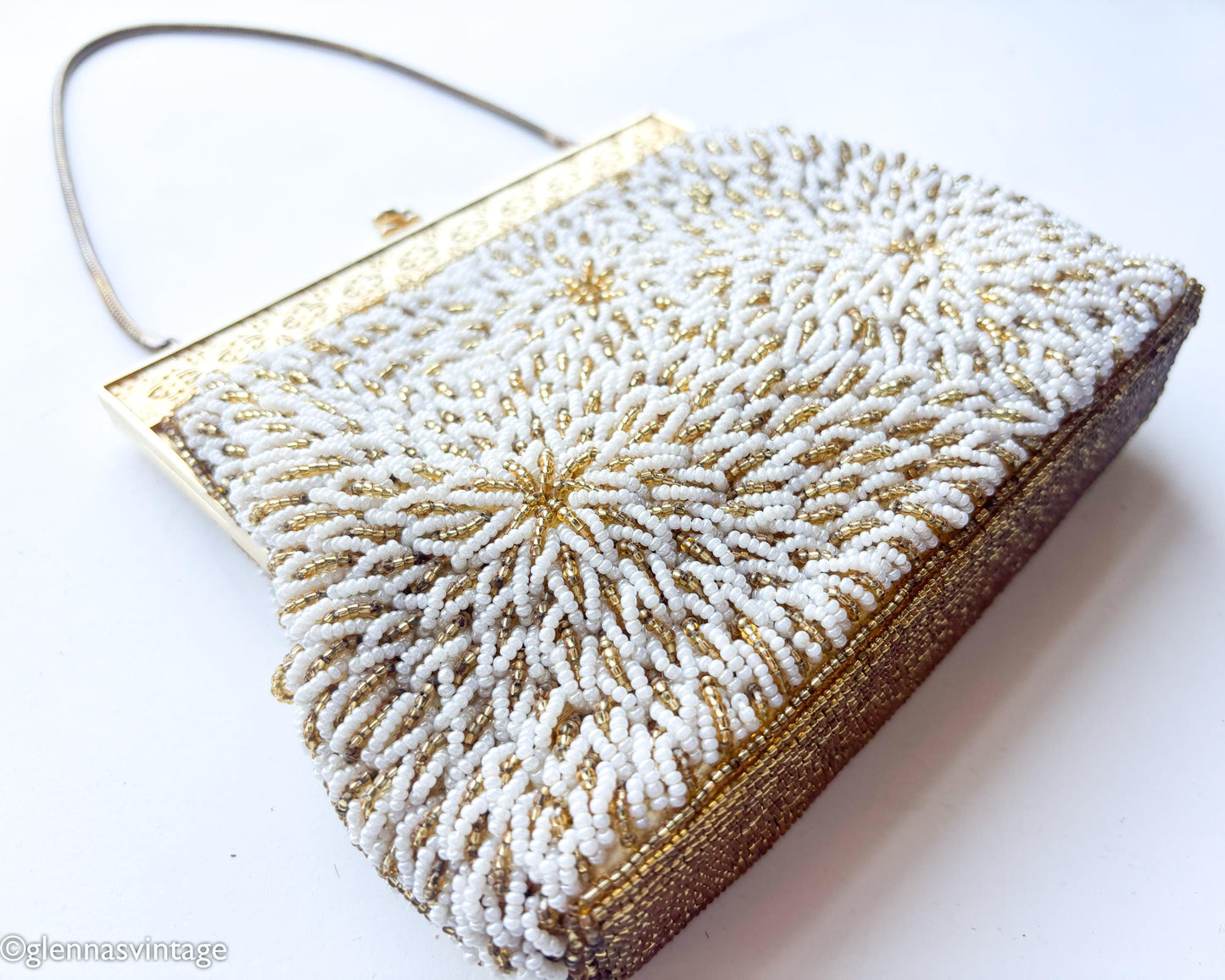 1950s White Gold Beaded Evening Bag