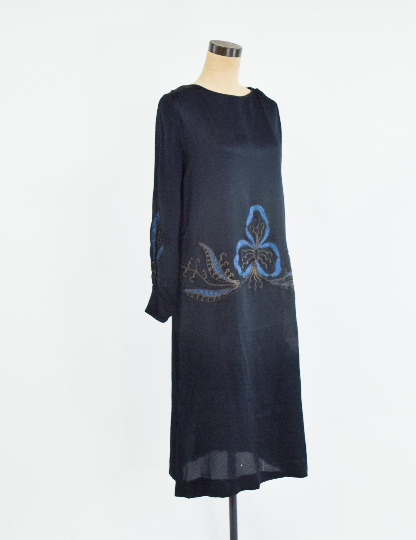1920s Art Deco Black Silk Dress | Embroidered Drop Waist, Medium