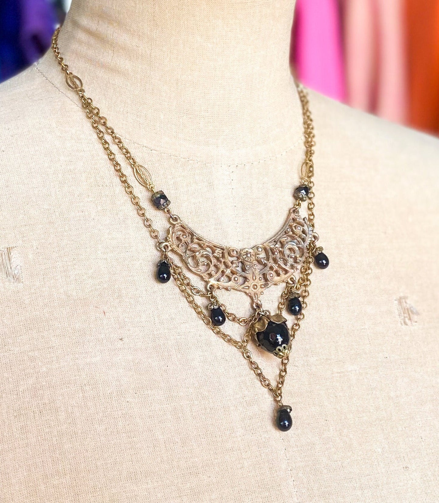 1940s Filigree Brass Necklace with Black Glass Pendant
