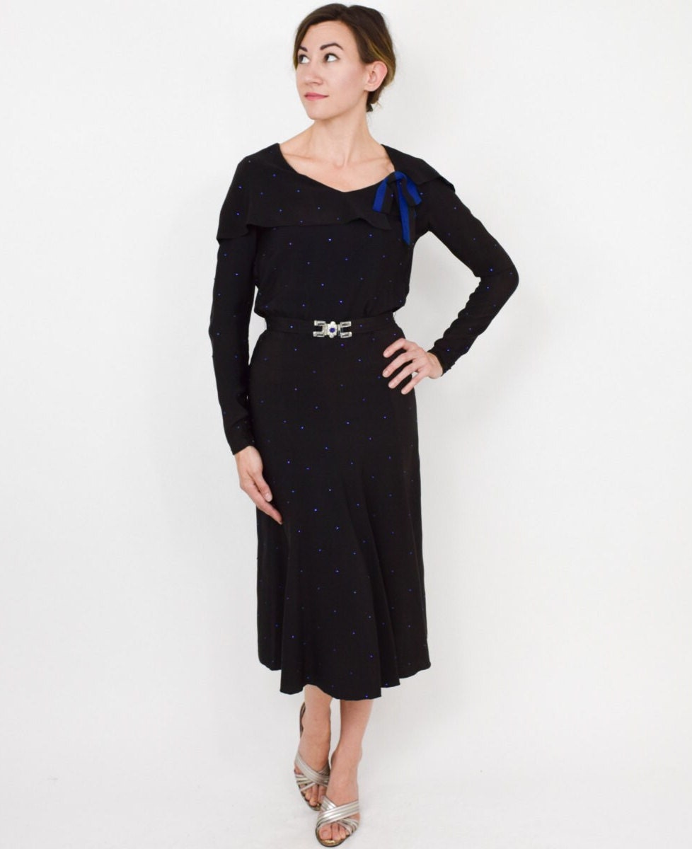1930s Black Silk Crepe Dress with Rhinestone Collar, Small