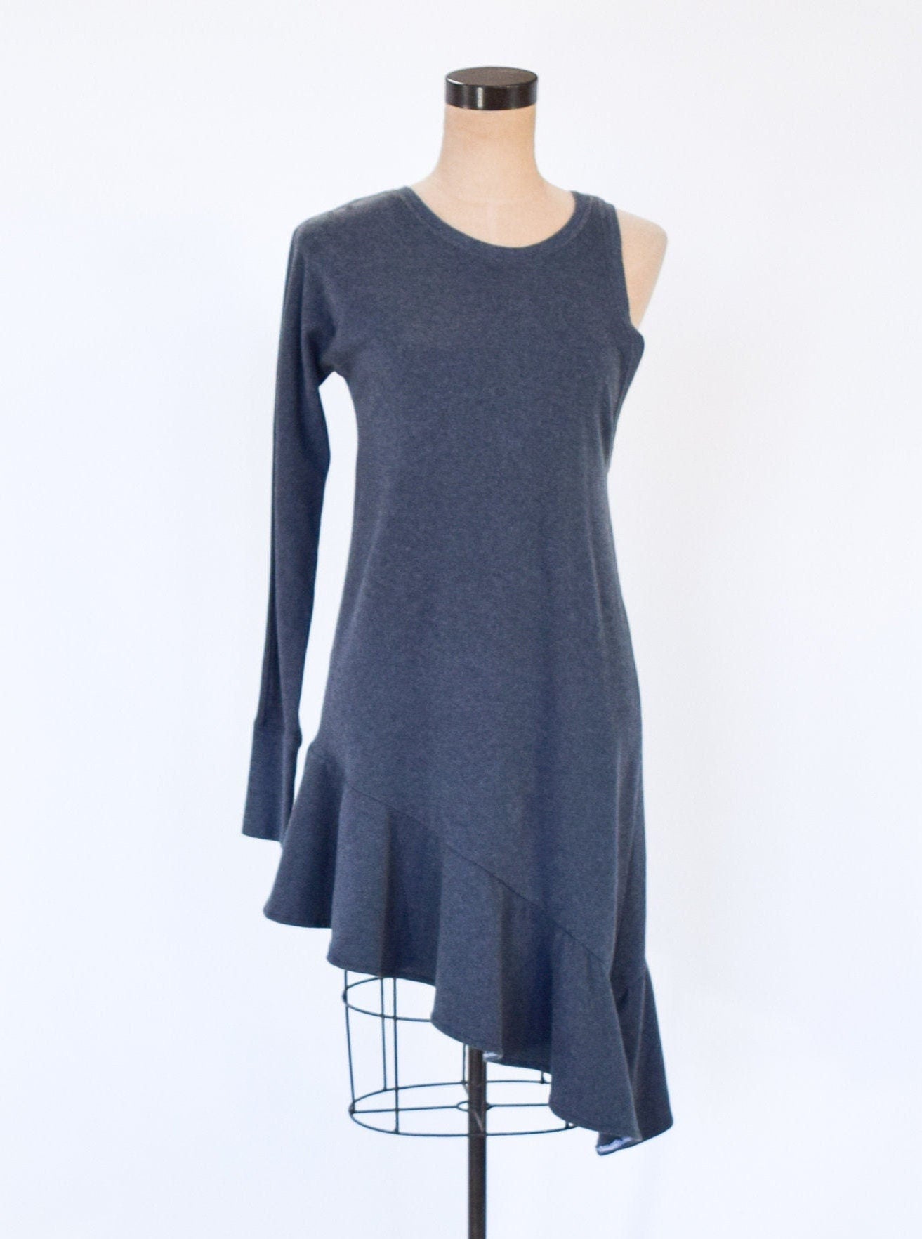 1990s Gray Knit Dress | 90s One-Sleeve Design Dress | Medium