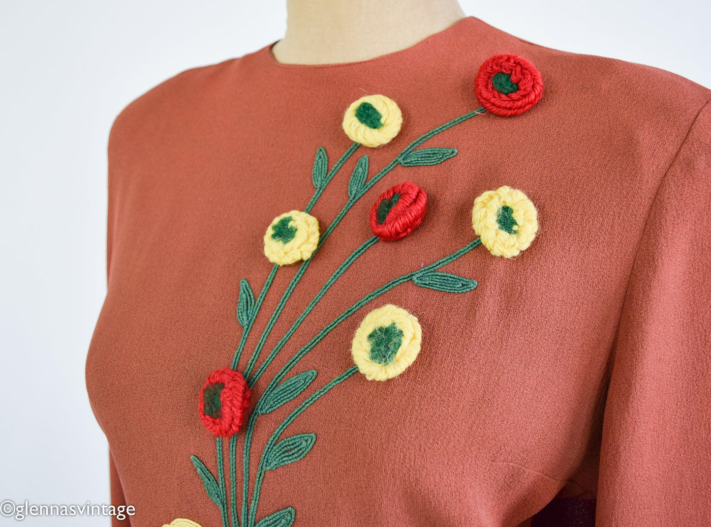 1940s Brown Embroidered Top & Skirt Set, Small