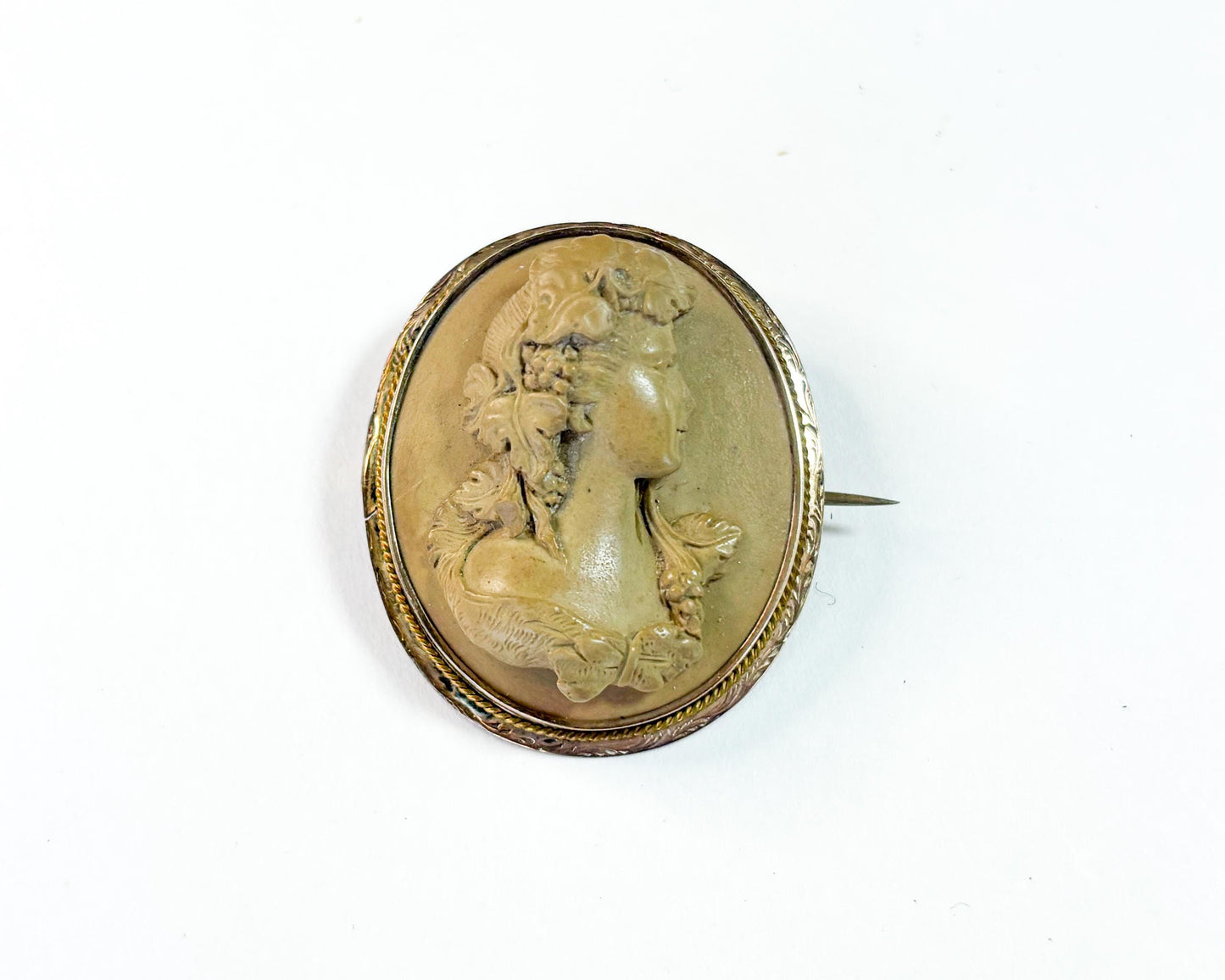 1930s Brown Carved Stone Cameo Brooch, Etched Bronze Frame