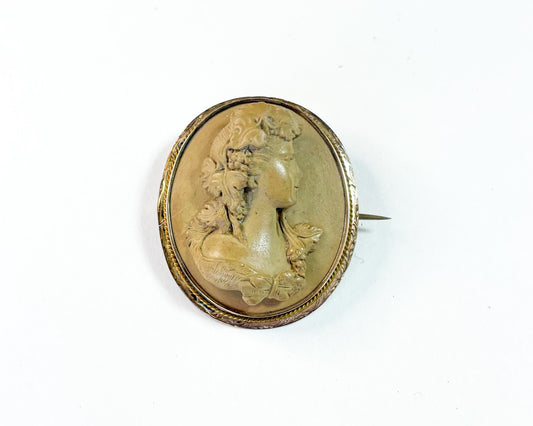 1930s Brown Carved Stone Cameo Brooch, Etched Bronze Frame