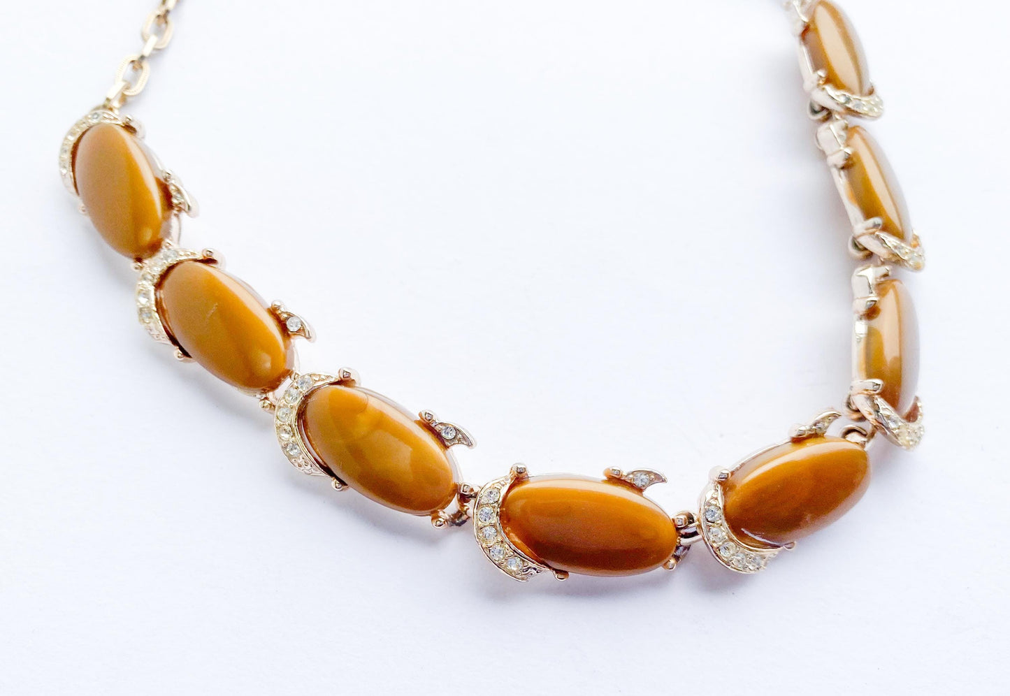 1960s Brown Plastic & Rhinestone Necklace | 60s Brown Lucite Necklace
