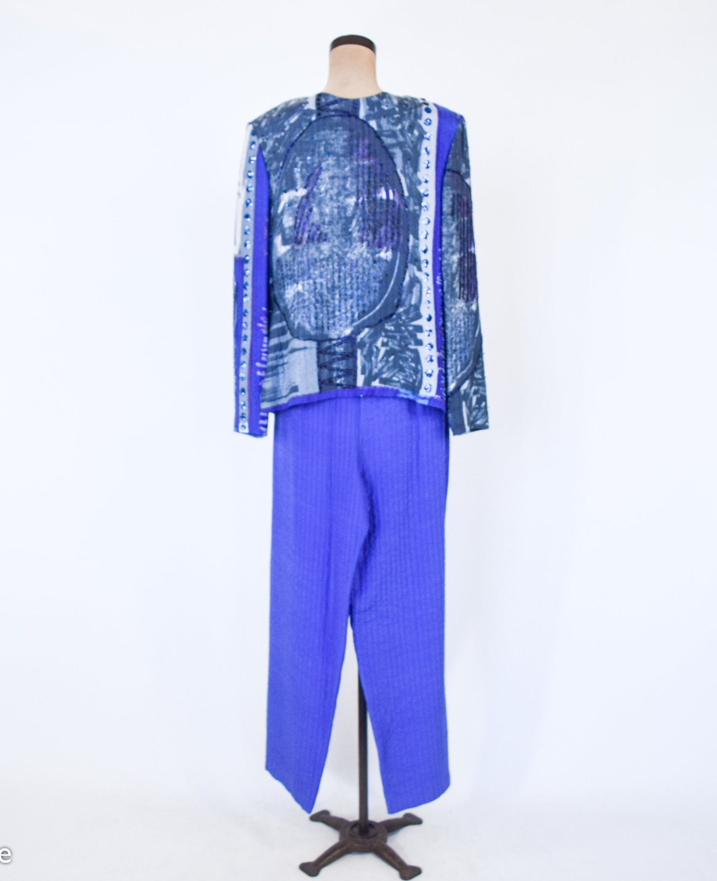 1980s Blue Silk Sequin Pant Set | 80s Purple Silk Evening Pantsuit | ICINOO | Medium
