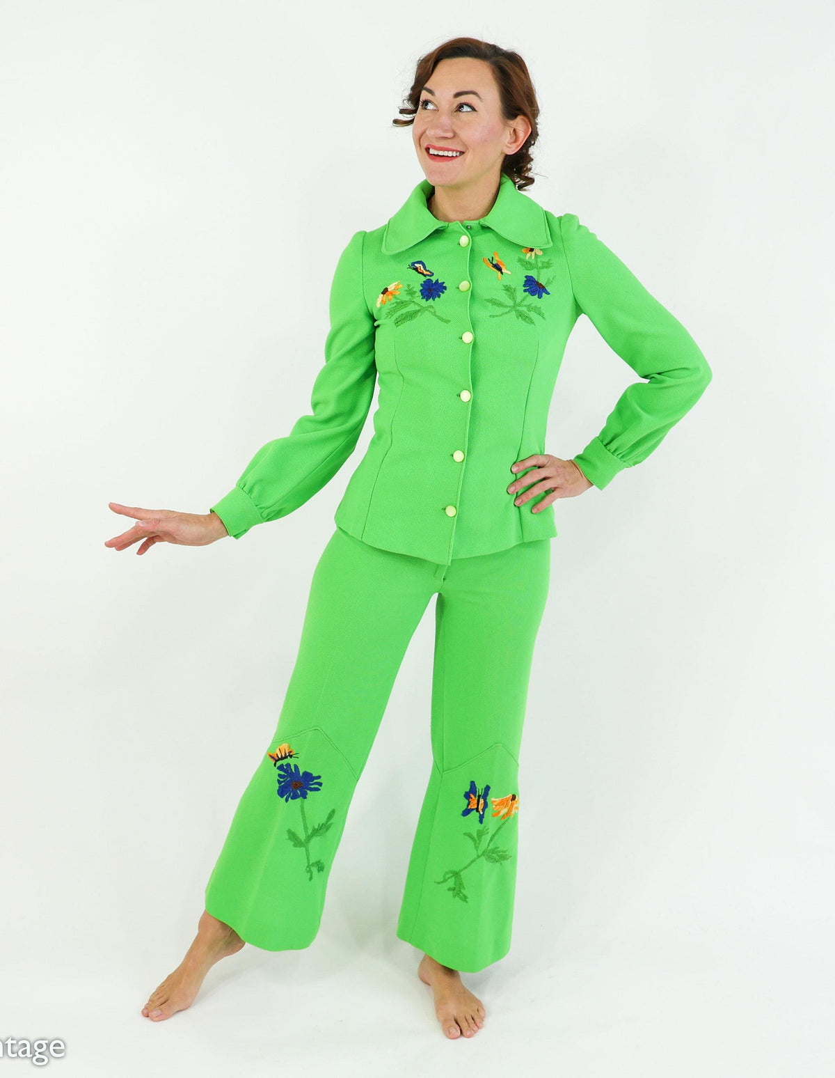 1970s Bright Green Polyester Pantsuit, Top & Pants Set, Small