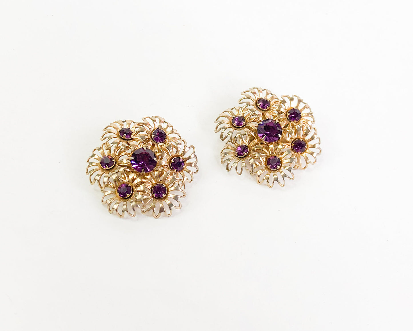 1960s Purple Rhinestone Flower Earrings | 60s Gold & Purple Flower Cluster Clips