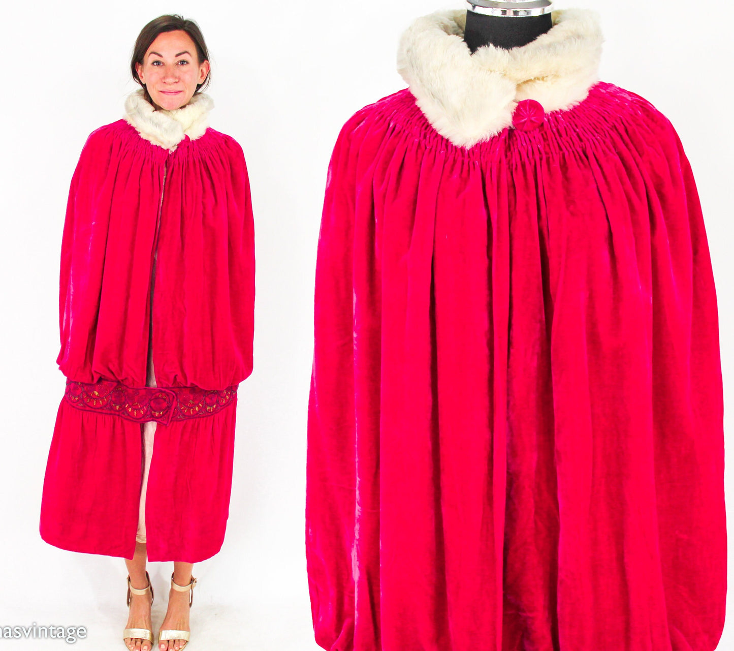 1900s Fuchsia Silk Velvet Cape, Antique Turn of the Century Evening Coat