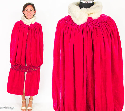 1900s Fuchsia Silk Velvet Cape, Antique Turn of the Century Evening Coat
