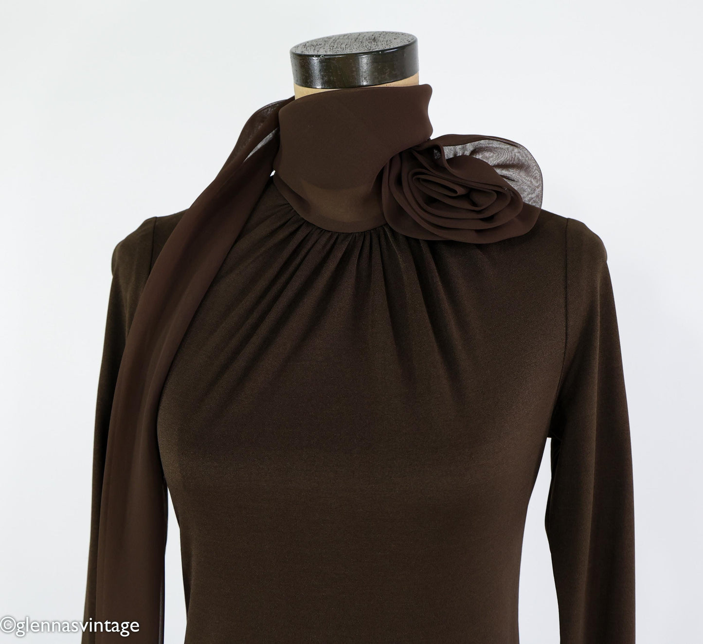 1970s Brown Maxi Dress | Chiffon Collar Evening Gown, Medium