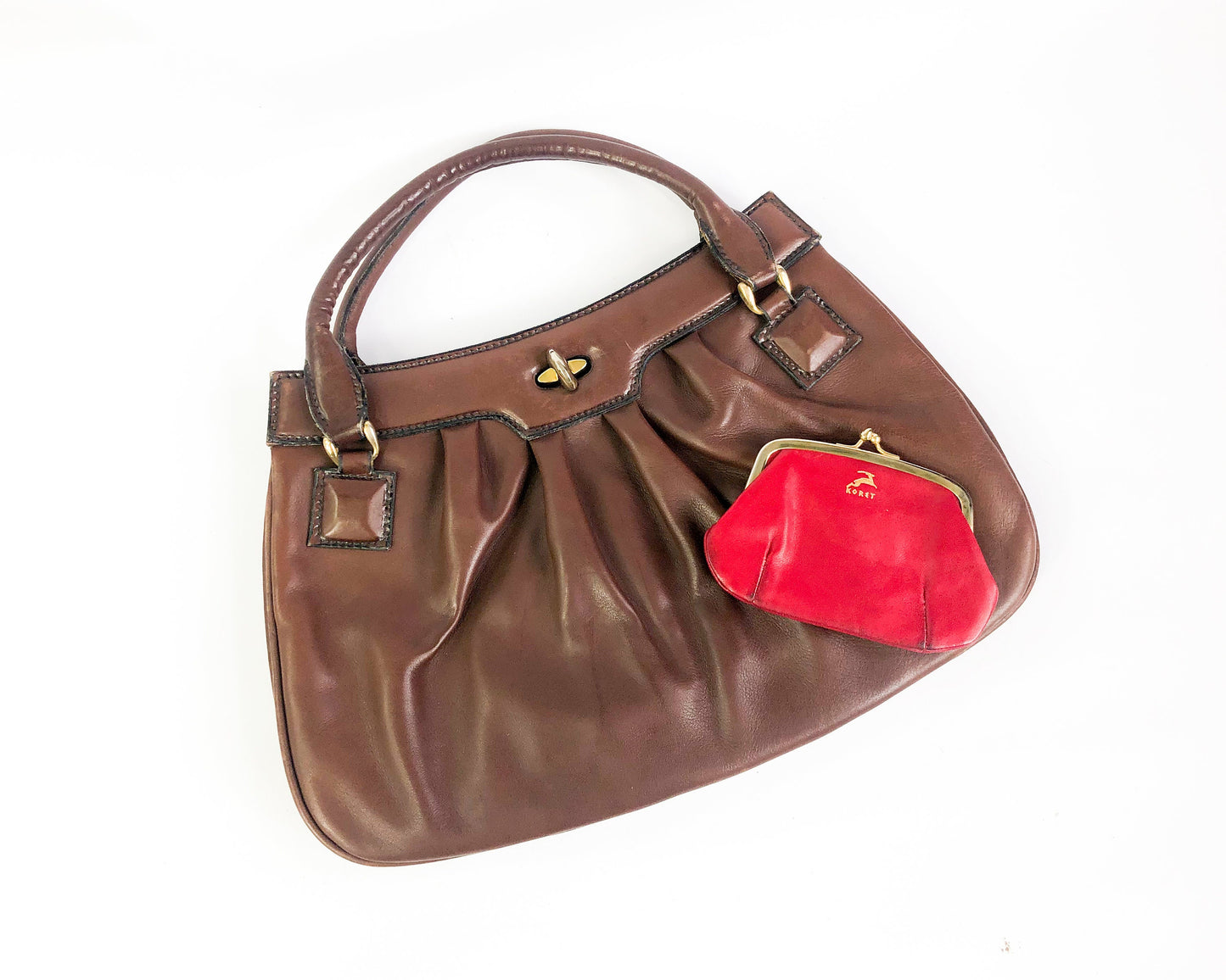 1950s Brown Leather Handbag | 50s Brown & Red Leather Handbag | Koret