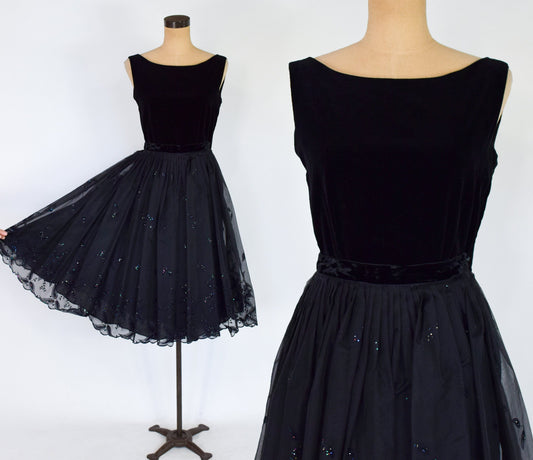 1950s Black Glitter Evening Skirt Set | 50s Black Organza Full Skirt & Velvet Top | Small