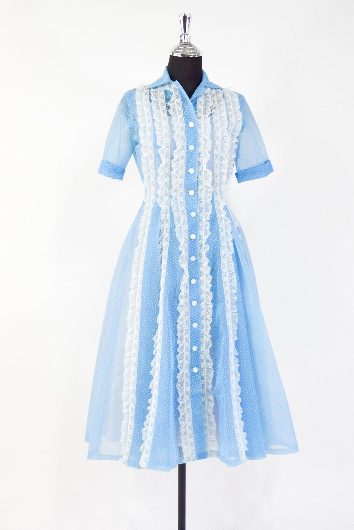 1950s Blue Dotted Swiss Dress with White Lace Trim, Small