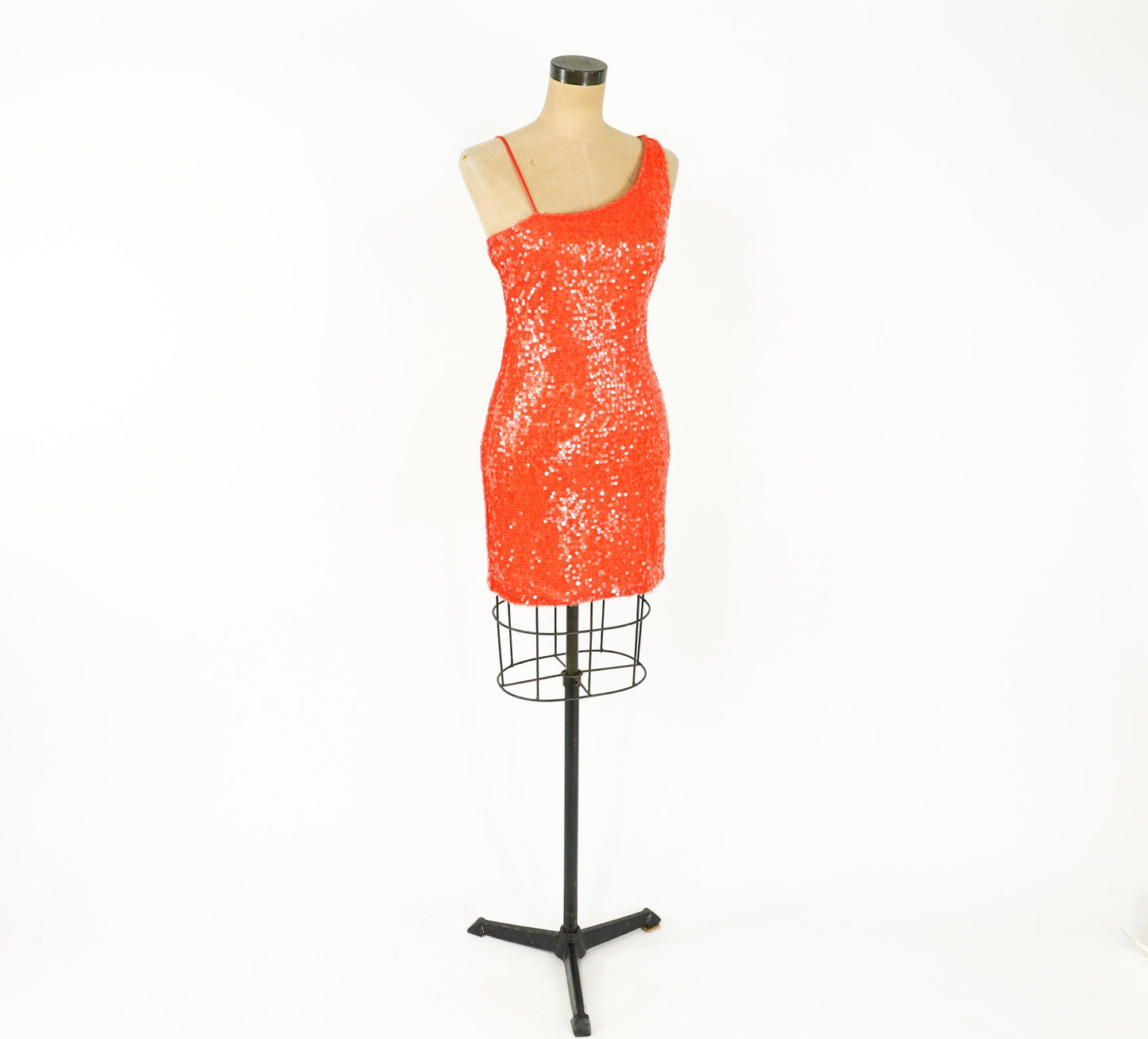 1990s Orange Sequin Mini Dress, One Shoulder Party Dress, Small