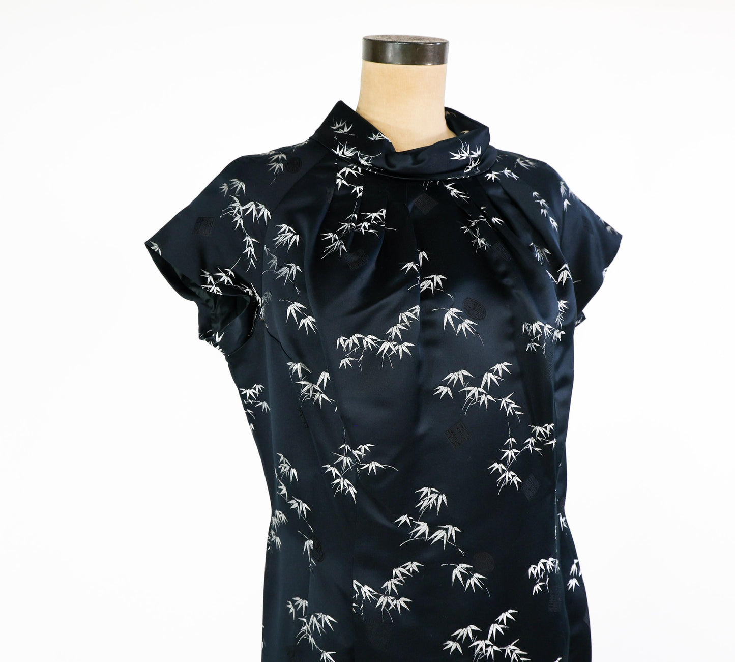 1950s Black & Silver Silk Evening Dress, Long Cheongsam Style Evening Dress, Large