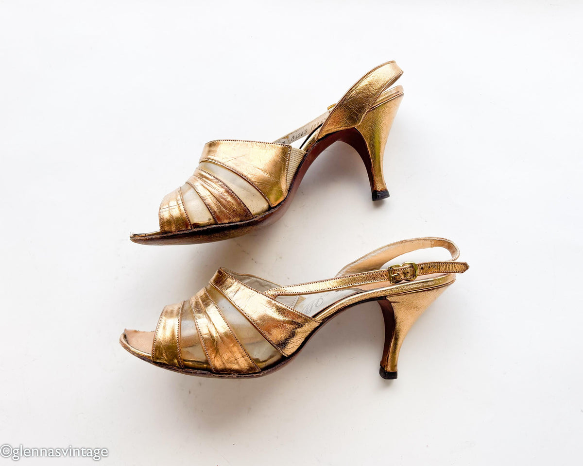 Vintage 1950s Gold Leather Heels, Pin Up Slingbacks, Size 7.5