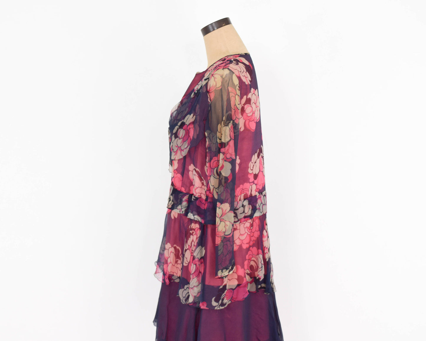 1900s  Navy & Red Floral Layered Dress | Navy Flowered Silk Chiffon Dress | Large
