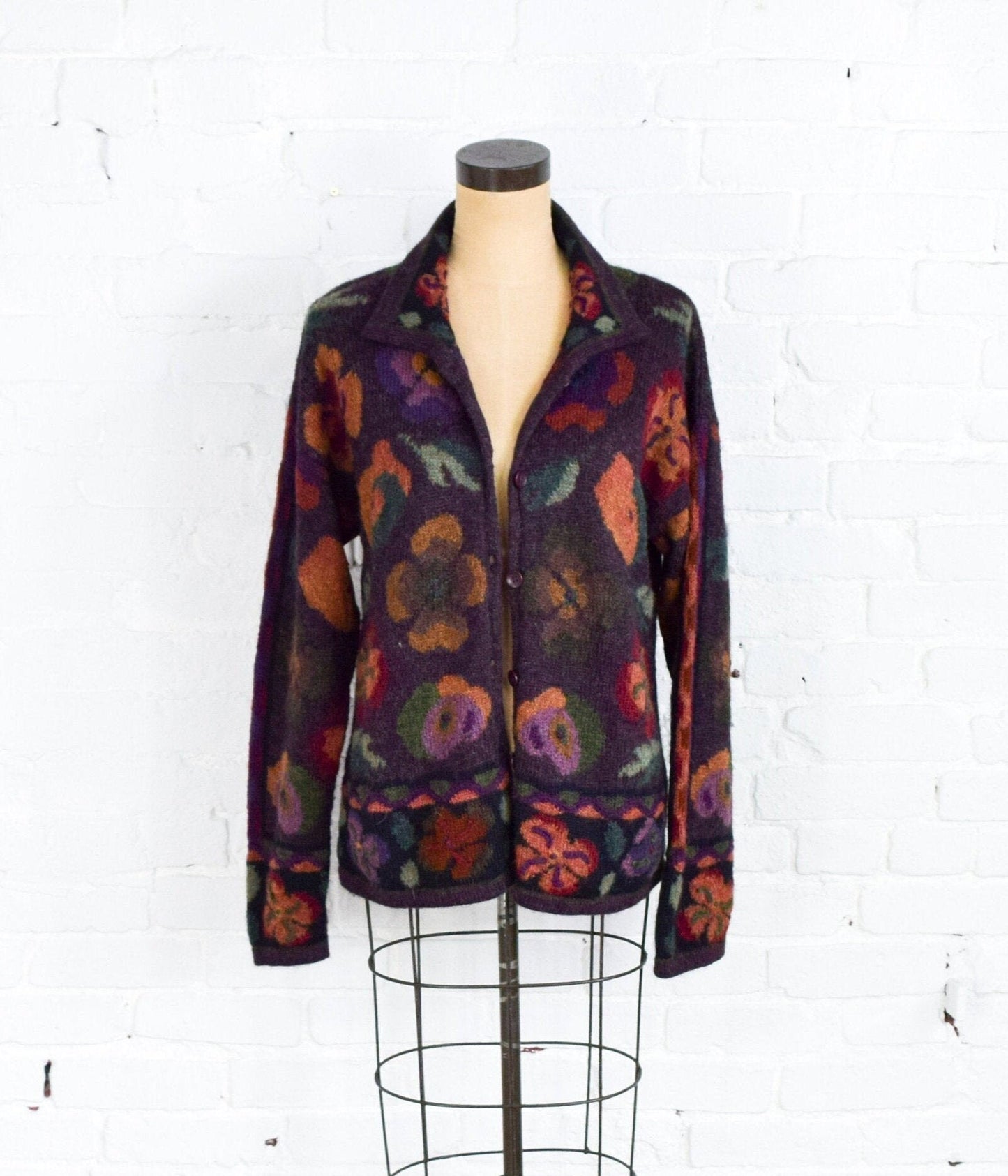 1980s Purple & Burgundy Pant Outfit | Purple Floral Sweater | Wearable Art | Medium Large