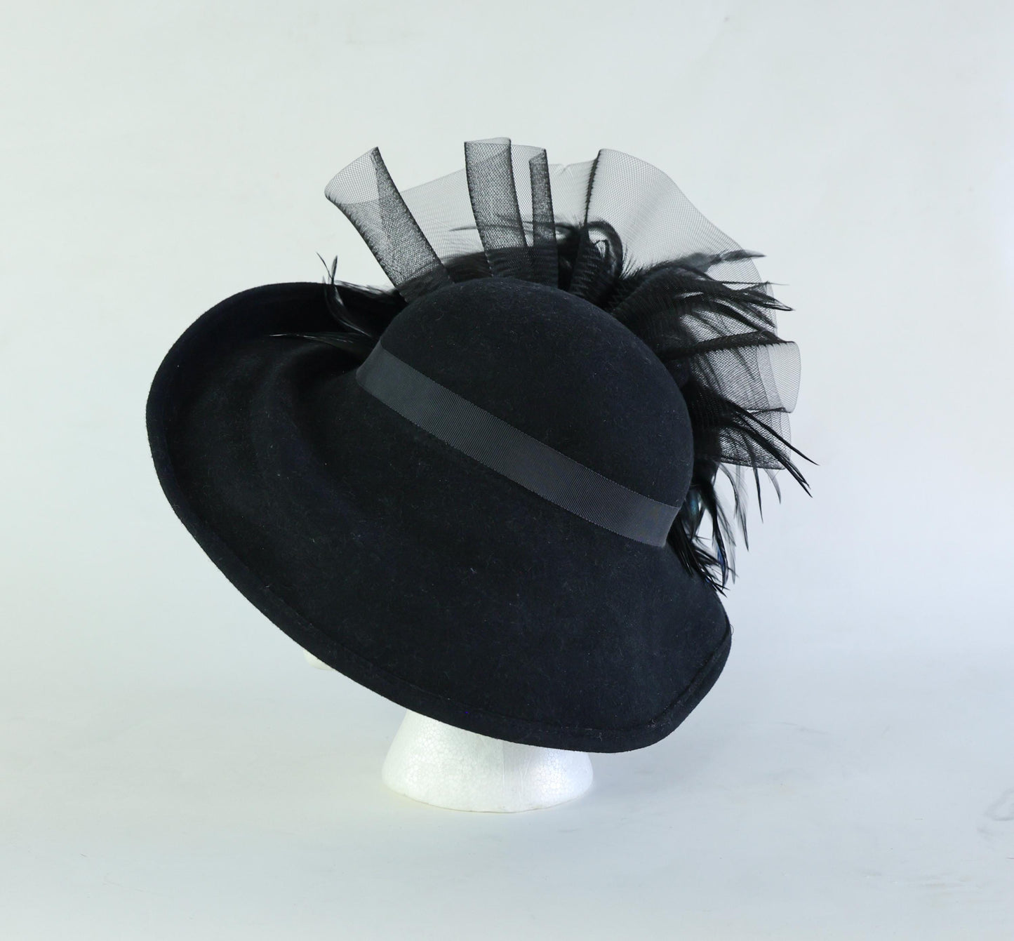 1980s Black Wide Brim Feather Hat