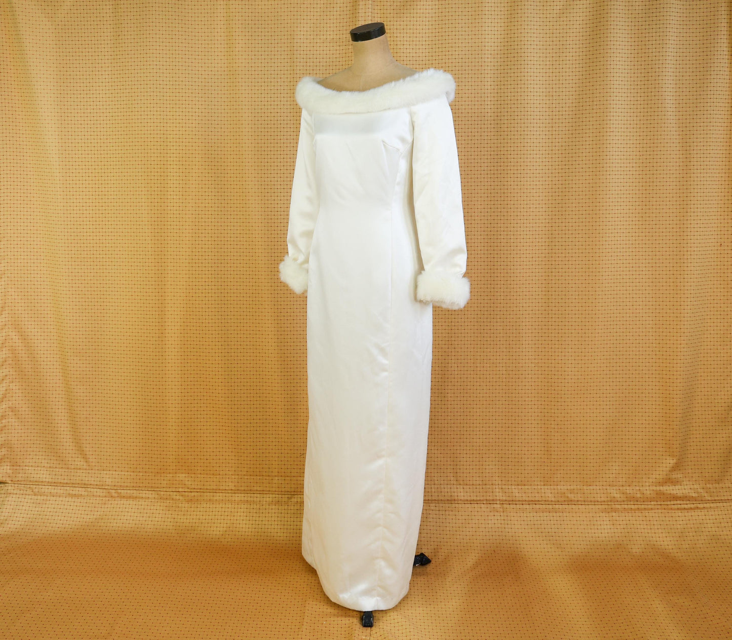 1980s Satin Wedding Dress with Faux Fur Trim, Large