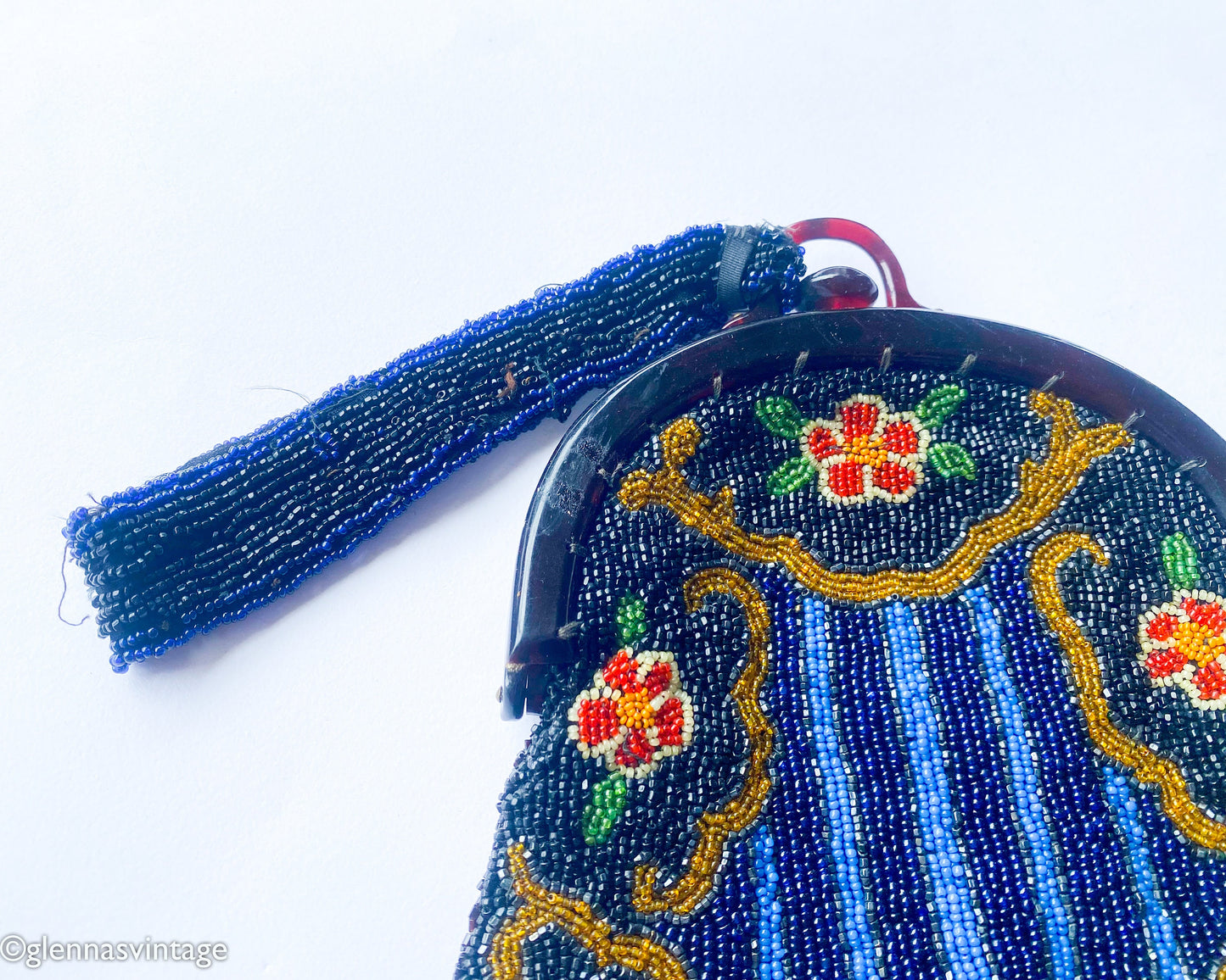 1900s Antique Floral Beaded Handbag with Lucite Frame