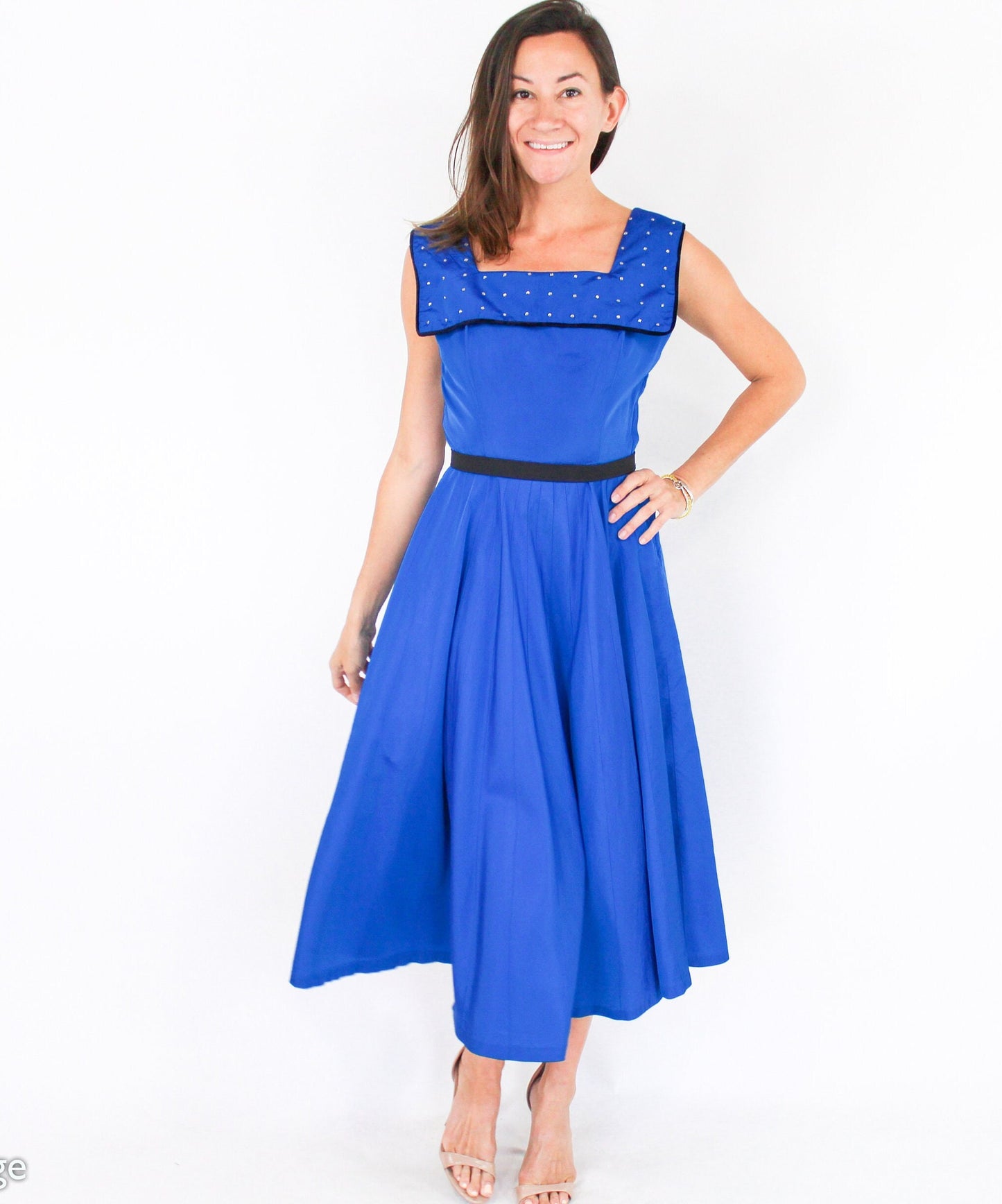 1940s Vintage Peacock Blue Taffeta Cocktail Dress with Rhinestone Collar, Small