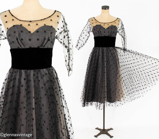 1950s Black Polka Dot Party Dress | 50s Black Tulle Cocktail Dress | Old Hollywood | X Small