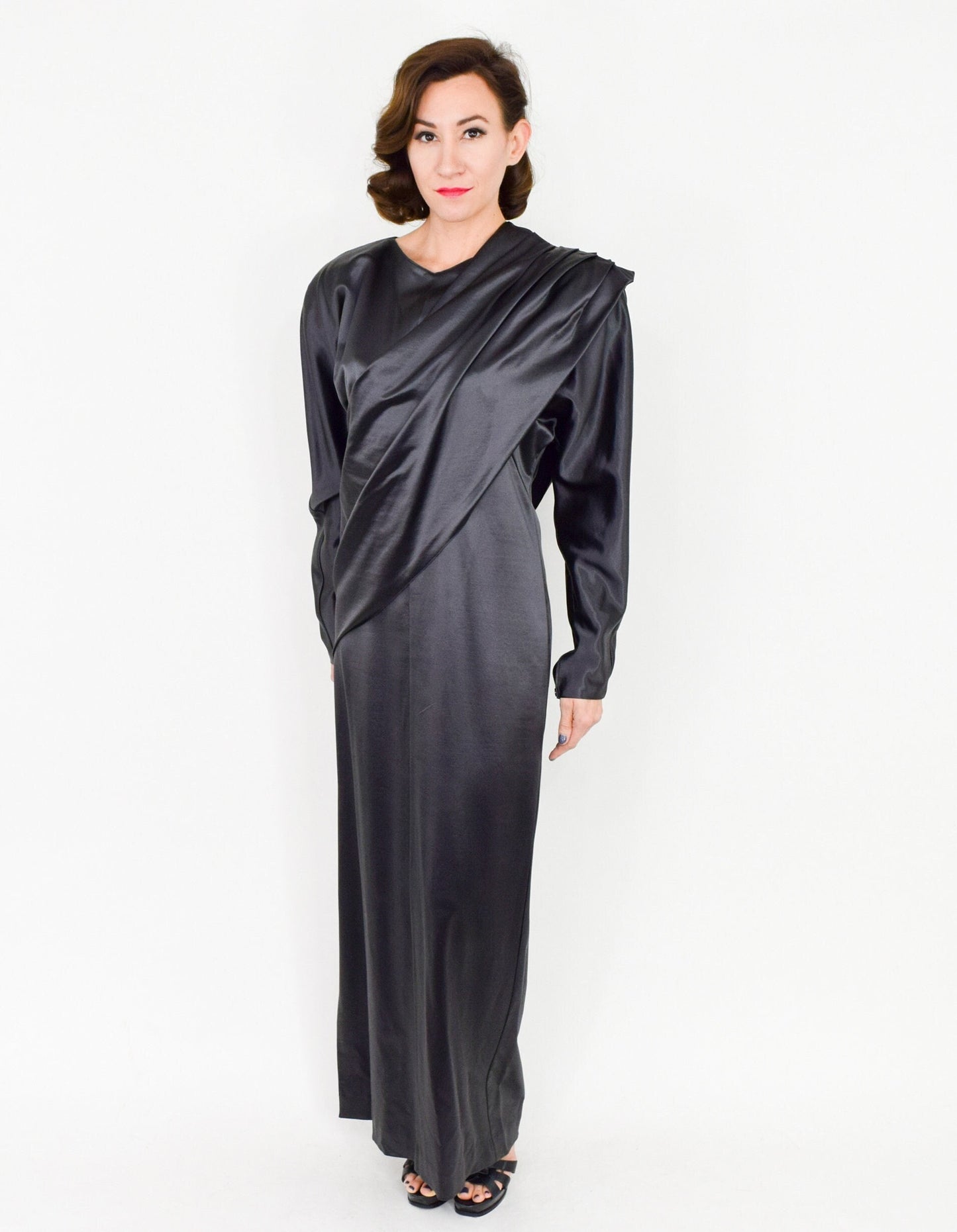 1990s Krizia Charcoal Gray Satin Evening Gown, Large