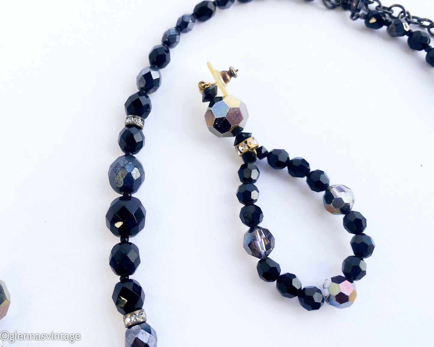 1980s Black Crystal Bead Necklace Set | 80s Black Glass Bead Pendant Earring Set | Black Pendant & Matching Pierced Loop Earrings