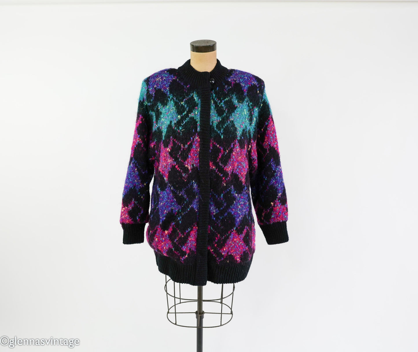 1980s Black Purple Metallic Knit Sweater Jacket, Lily of California, XL