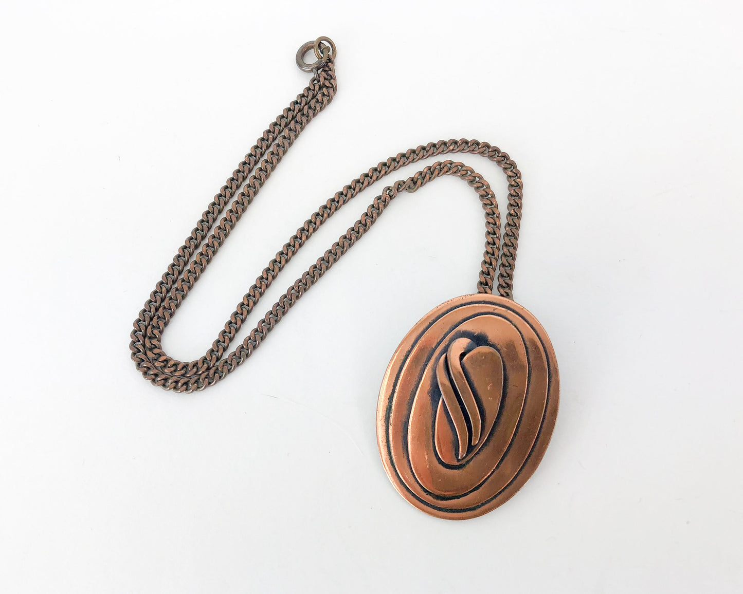 1960s Copper Pendent Necklace | 60s Modern Pendant Pin Necklace | Rosyln Hoffman