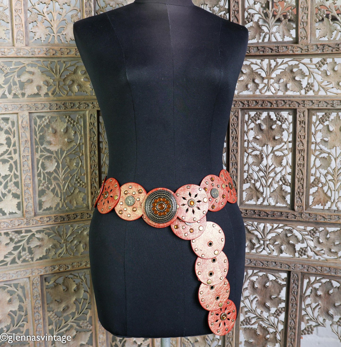1970s Red & Brown Circles Studded Leather Belt
