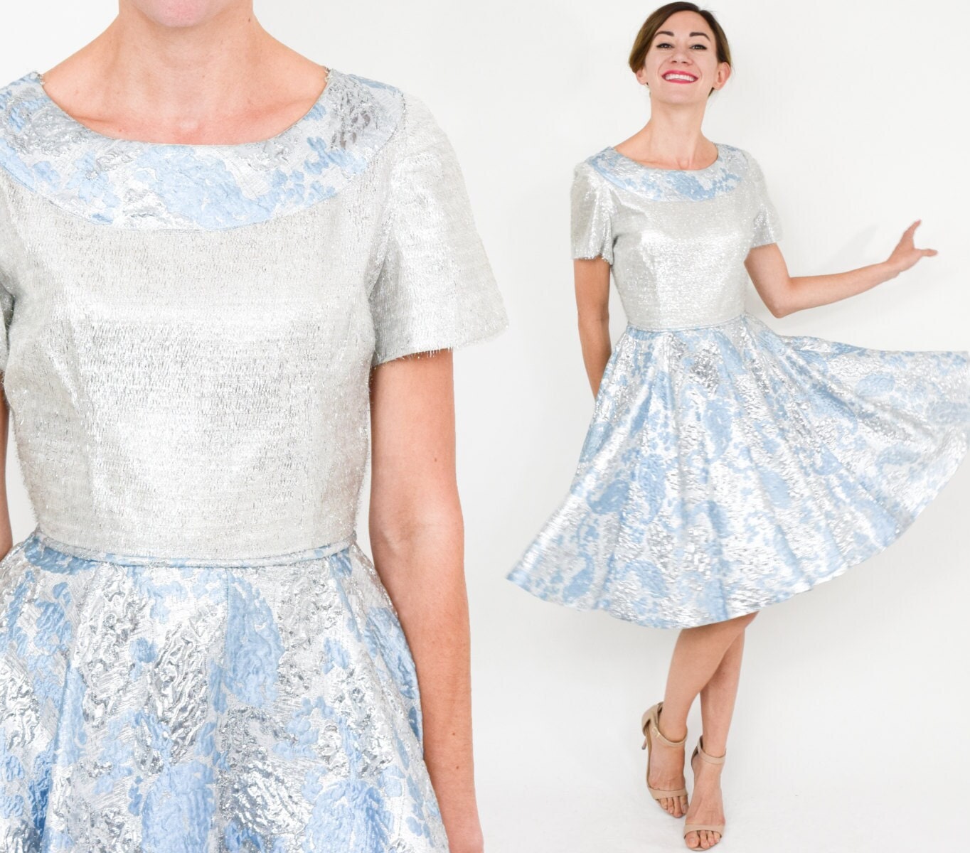 1960s Blue & Silver Party Dress | 60s Metallic Blue Floral Brocade Dress | Extra Small