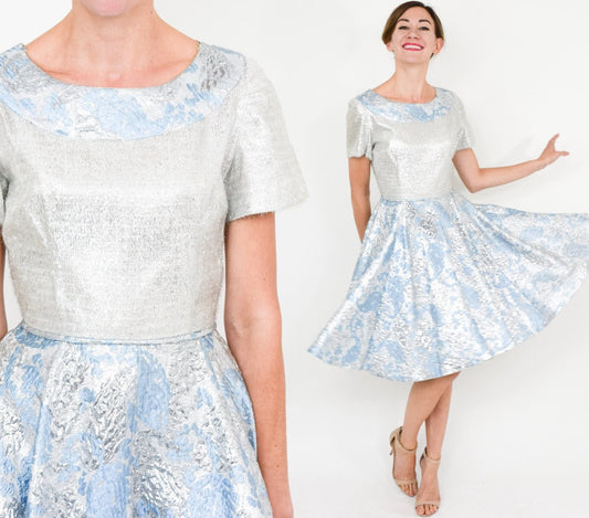 1960s Blue & Silver Party Dress | 60s Metallic Blue Floral Brocade Dress | Extra Small