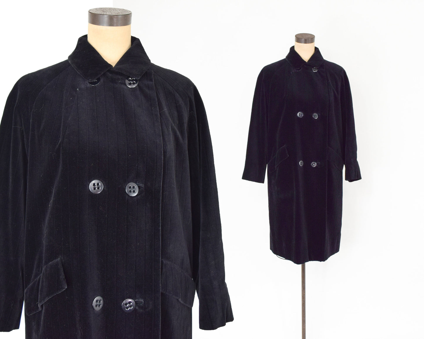 1960s Black Velvet Coat | 60s Black Double Breasted Coat | ROGA Paris | Large