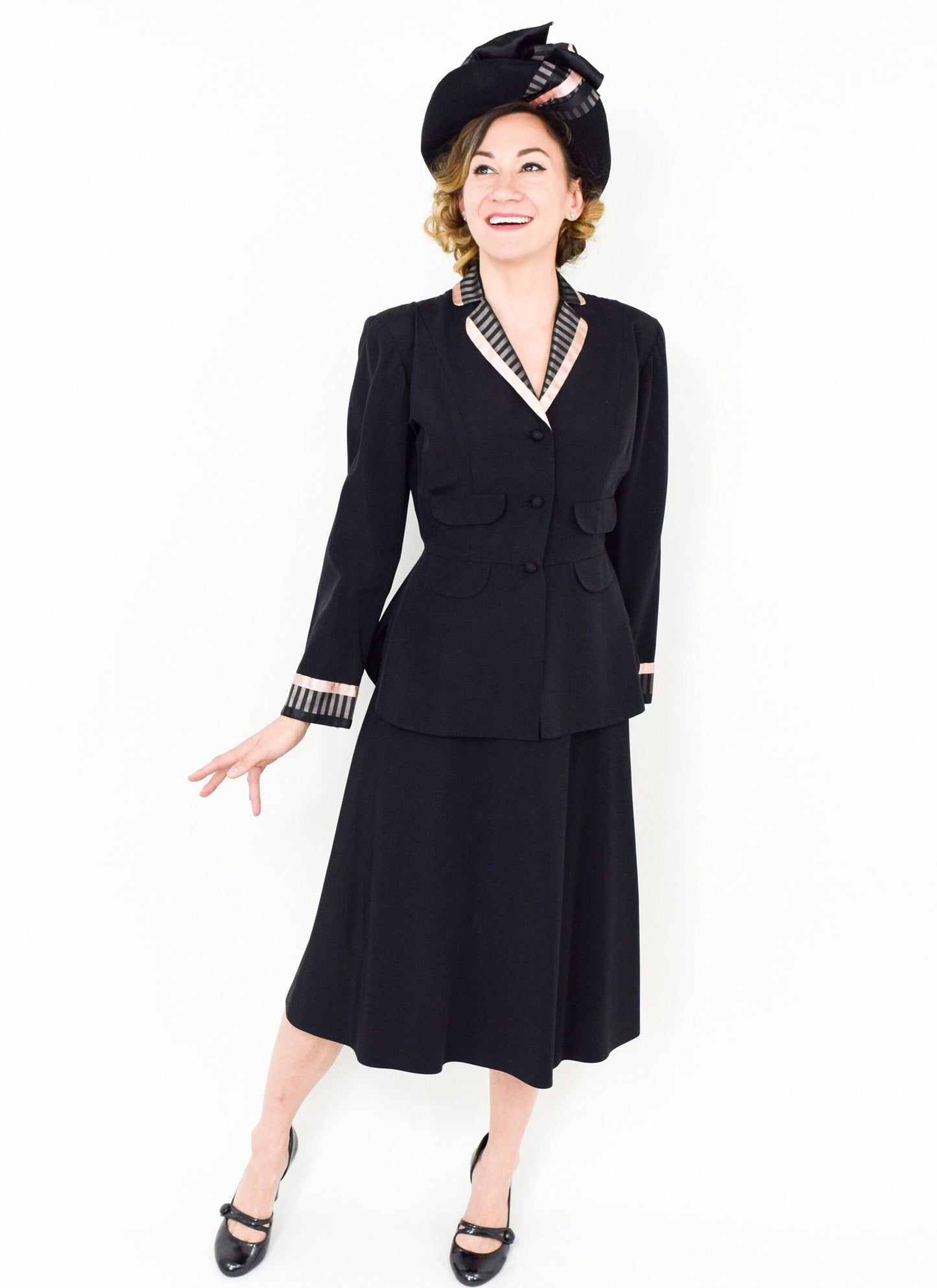Vintage 1940s Doris Dodson Black Faille Suit | Black Pink Jacket & Skirt, Medium
