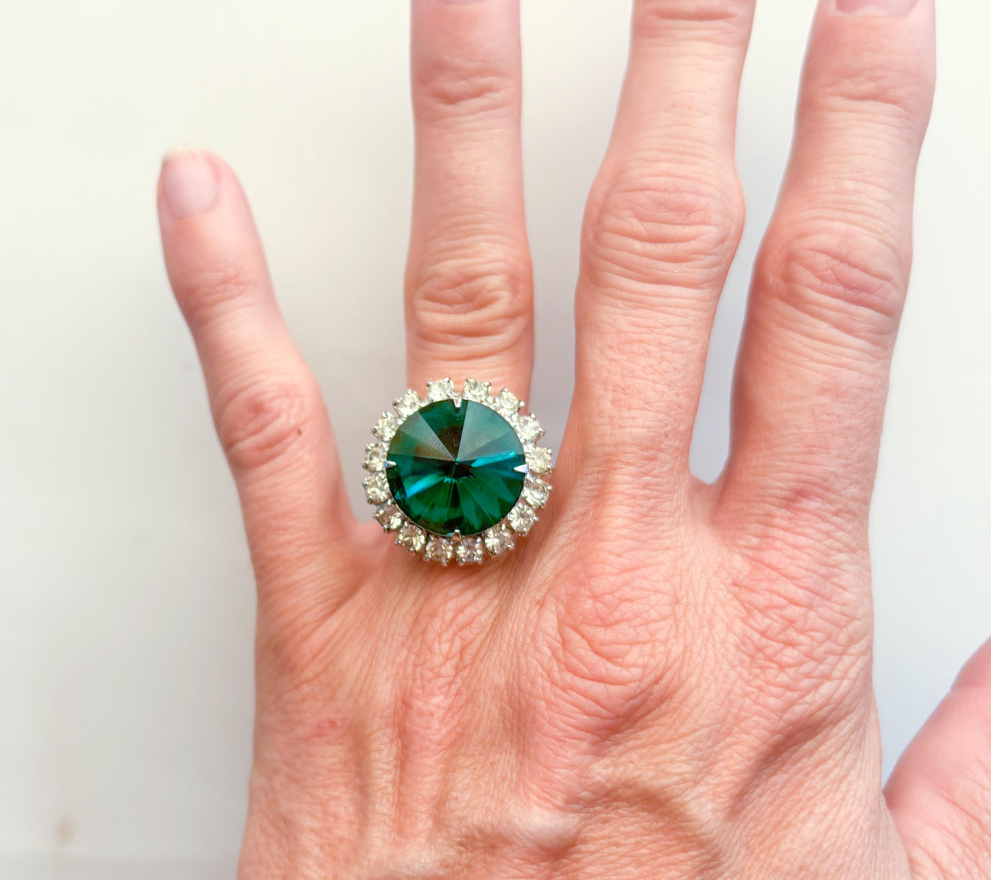 1950s Green Cocktail Ring, Vintage Adjustable Rhinestone Ring