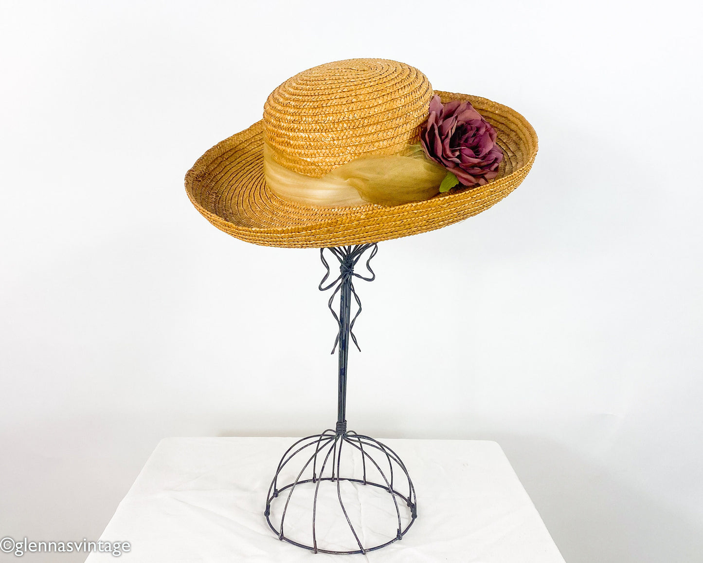 Vintage 90s Straw Hat with Dusty Rose