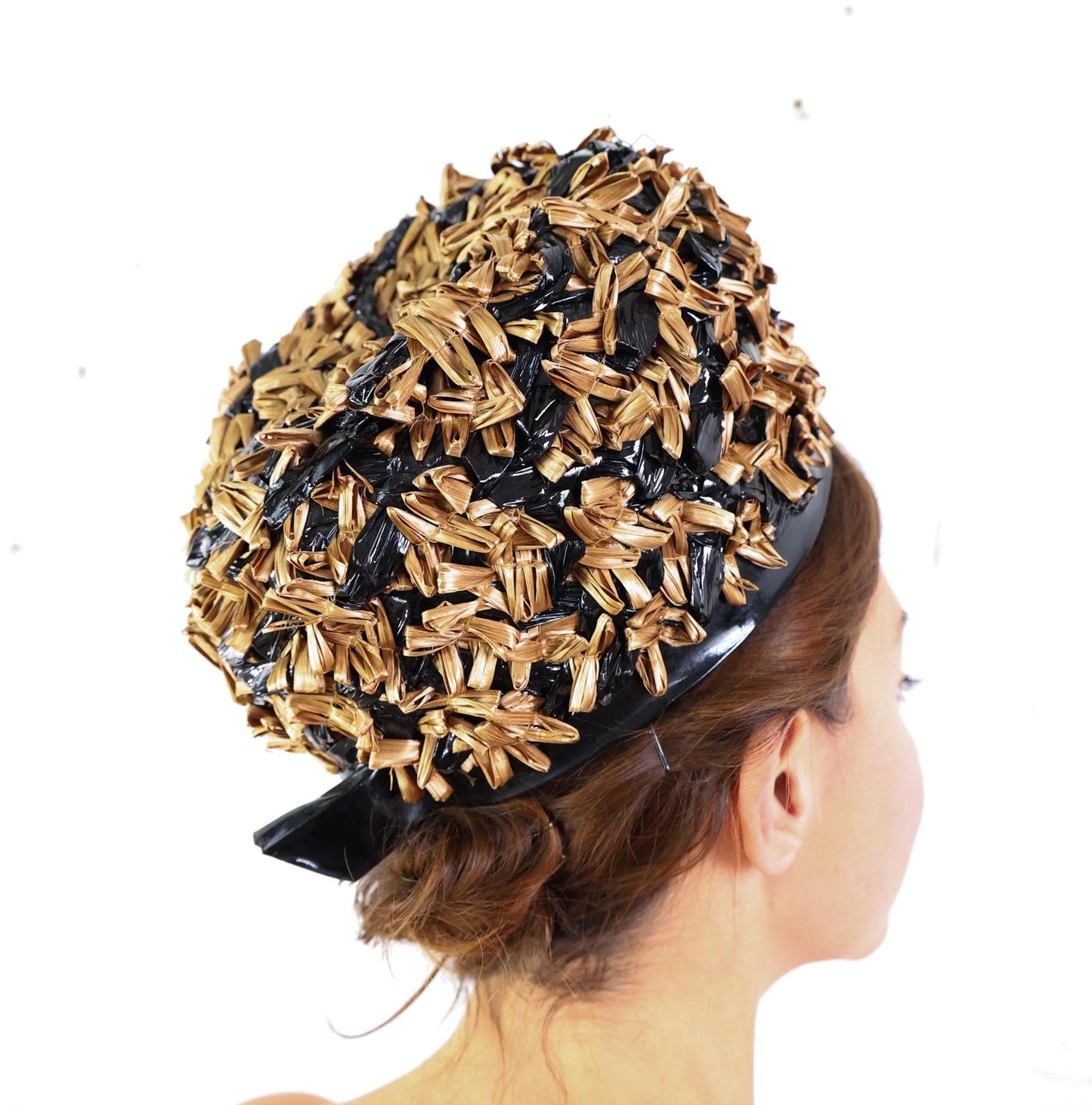 1960s Brown Black Raffia Bubble Hat