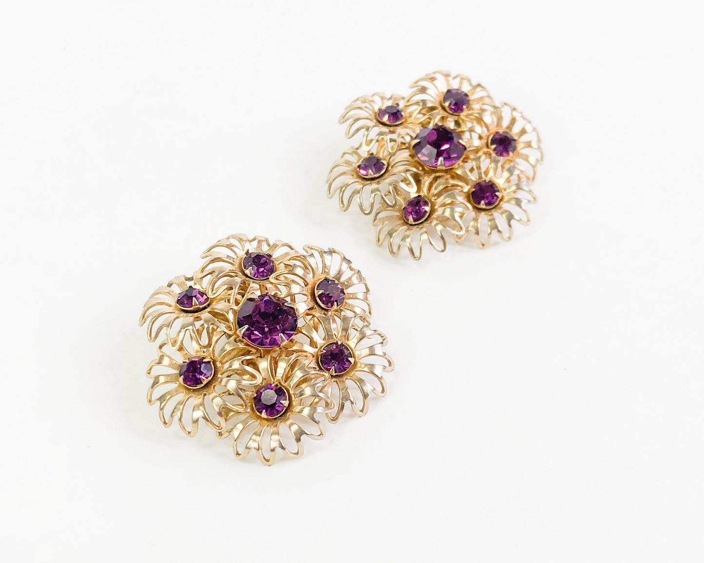 1960s Purple Rhinestone Flower Earrings | 60s Gold & Purple Flower Cluster Clips