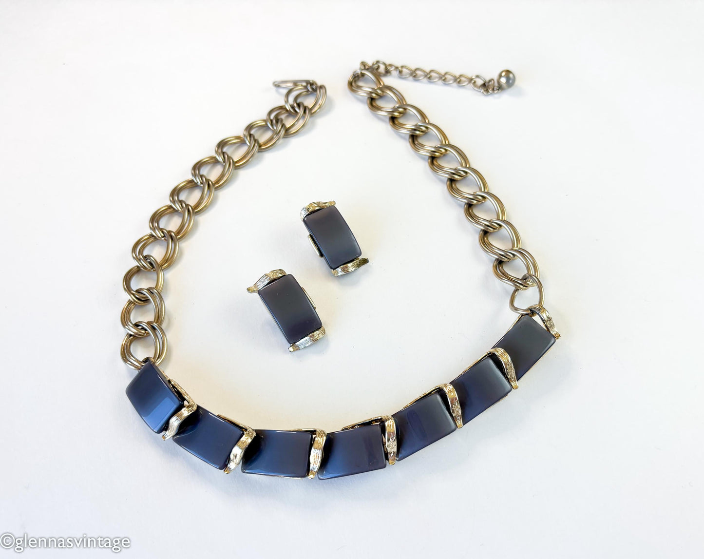 1960s Gray Lucite Necklace & Clip Earring Set | Gold Chain