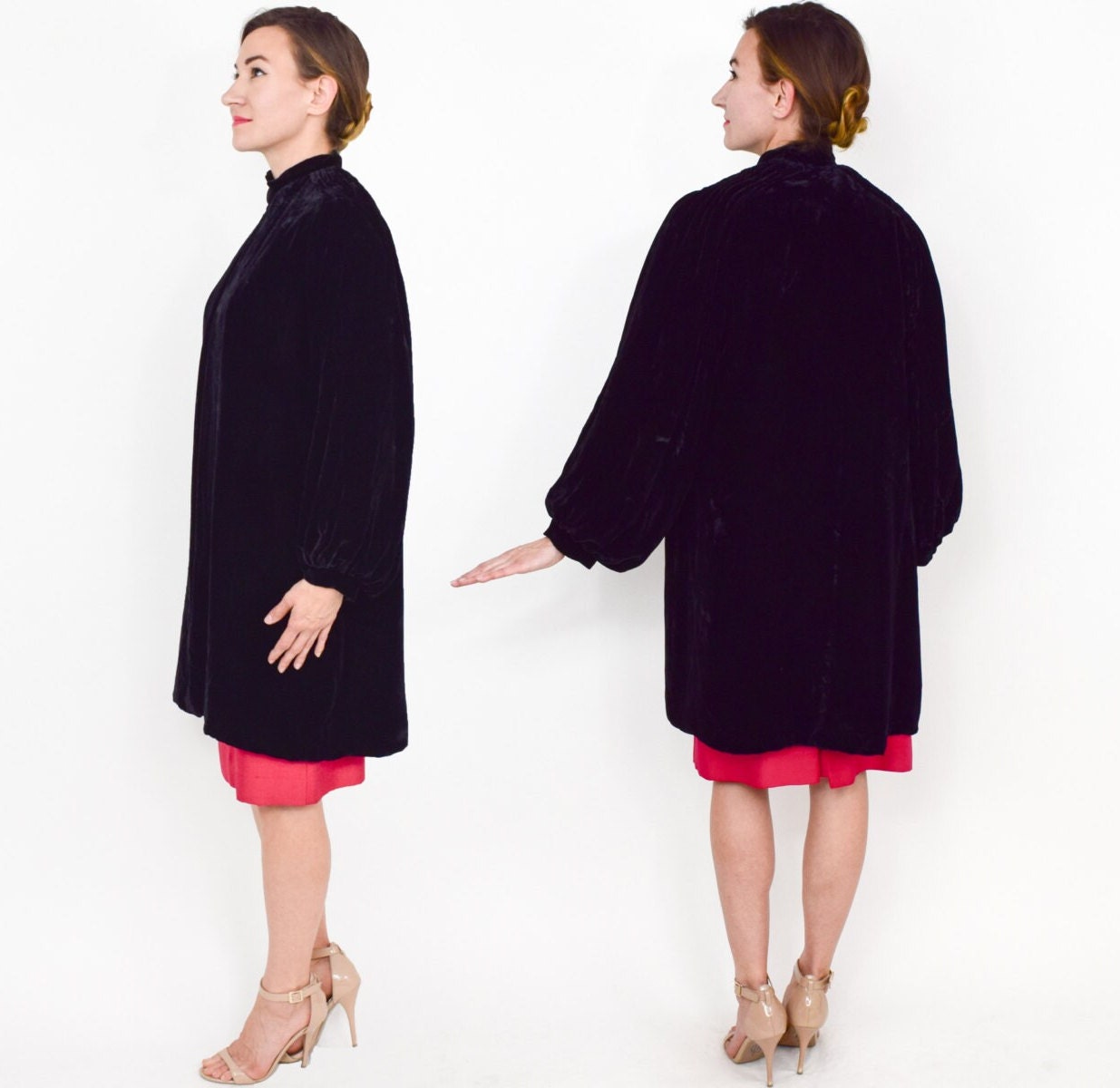 1930s Black Silk Velvet Evening Coat with Bishop Sleeves, Medium