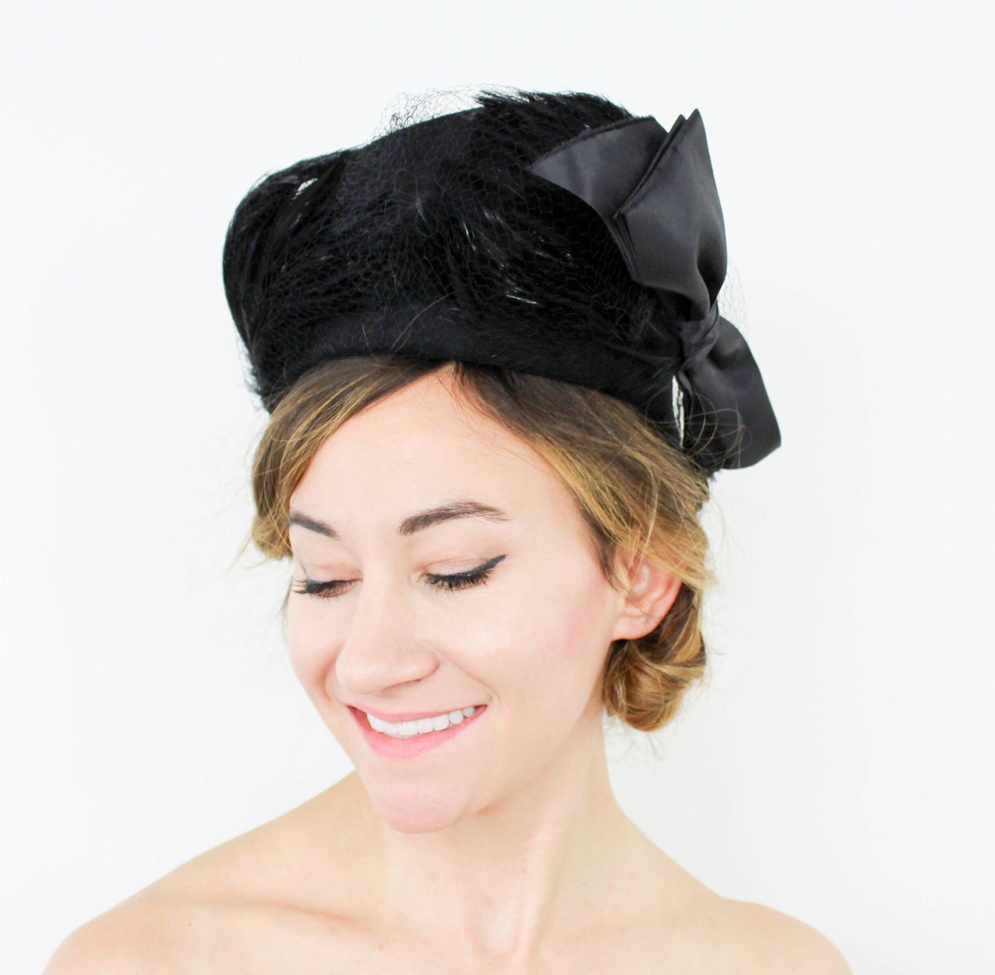 1940s Black Feather Hat with Satin Bow