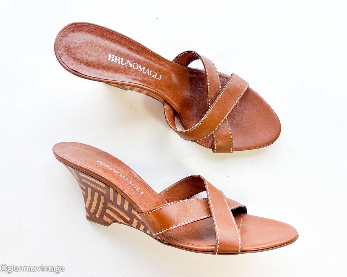 1990s Brown Leather Wedge Sandal Heels, Bruno Magli, US 6, EU 36.5