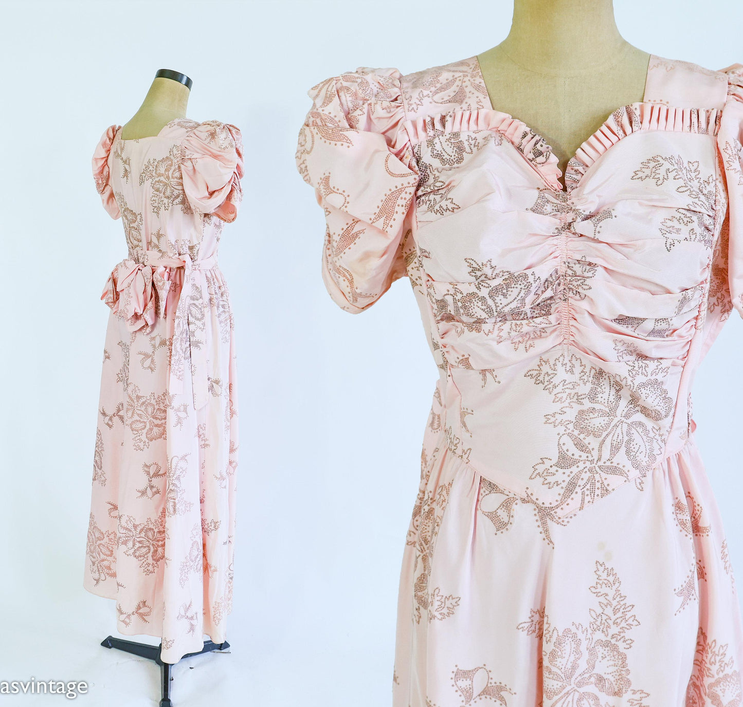 1940s Peach Floral Evening Gown, Medium